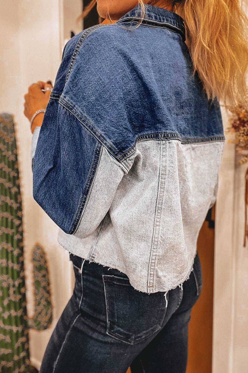 Denim Colorblock Buttoned Fall Jacket