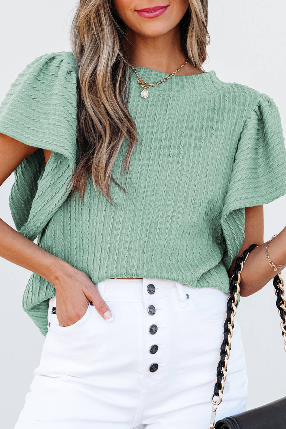 Solid Textured Flutter Sleeve Top